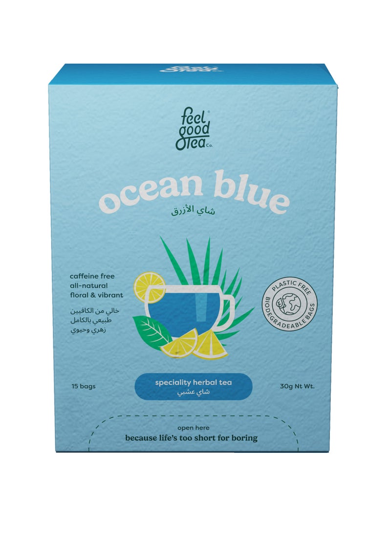 Feel good Tea Co. Ocean Blue Herbal Tea - Butterfly Pea Flower & Lemongrass Blend | Caffeine-Free, Thailand -15 Bags - Image 1