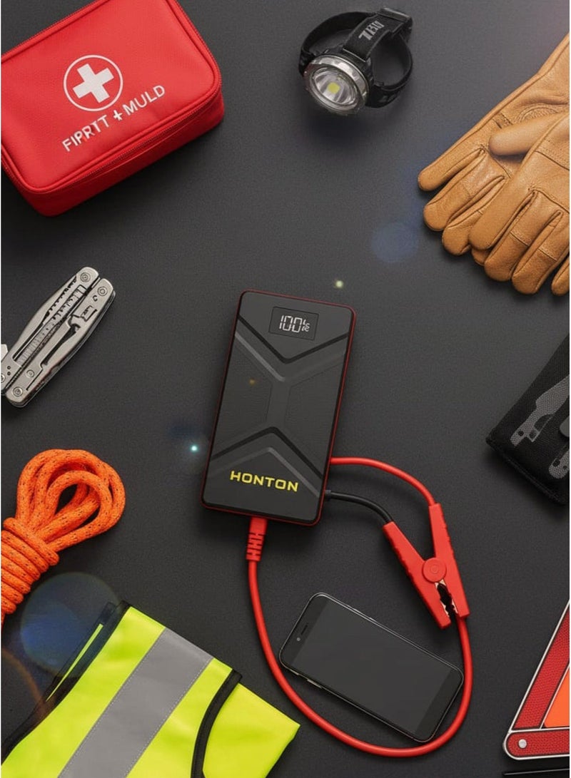 Honton Car Jump Starter 12000 Milliampere Capacity Portable Battery Powered Starter Smart Power Bank With Digital LED Screen Emergency Light And USB Ports Includes Durable Connection Cables For Cars Motorcycles And Boats - Image 4