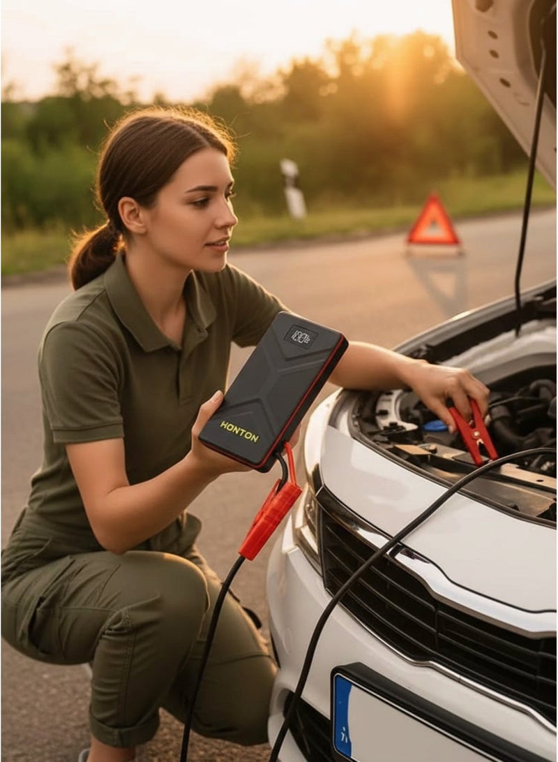 Honton Car Jump Starter 12000 Milliampere Capacity Portable Battery Powered Starter Smart Power Bank With Digital LED Screen Emergency Light And USB Ports Includes Durable Connection Cables For Cars Motorcycles And Boats - Image 2
