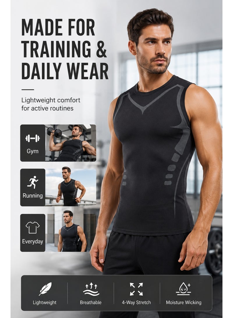 Men's Compression Tank Top Body Shaper Vest, Slim Fit Sleeveless Gym Workout Undershirt, Quick Dry Stretch Fitness Vest for Training & Daily Wear - Image 5