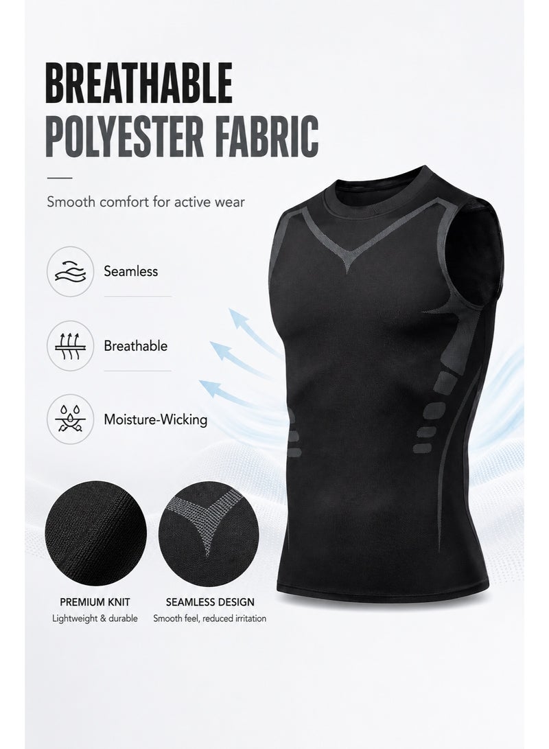 Men's Compression Tank Top Body Shaper Vest, Slim Fit Sleeveless Gym Workout Undershirt, Quick Dry Stretch Fitness Vest for Training & Daily Wear - Image 3