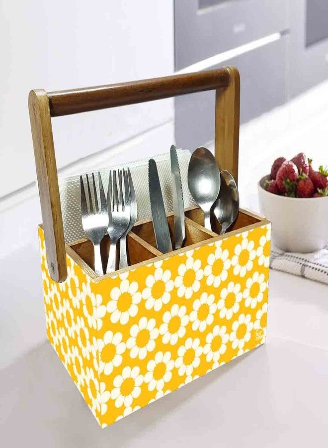 Nutcase Cutlery holder with tissue napkin spoon rack wooden sauce bottle stand with handle for dining table kitchen restaurants cafe - Yellow Flower - Image 2