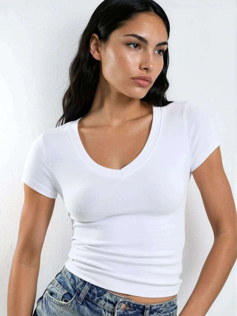 بوسيم BUSEM Elastic V-Neck Short Sleeve T-Shirt