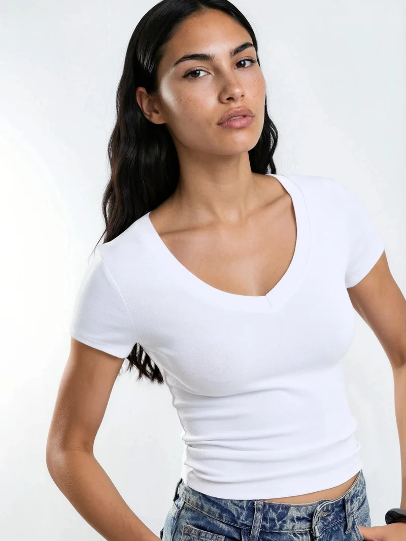 بوسيم BUSEM Elastic V-Neck Short Sleeve T-Shirt