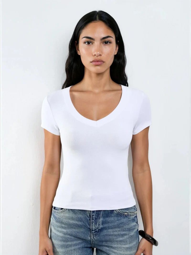 Busem White BUSEM Elastic V-Neck Short Sleeve T-Shirt for Women | Best Price UAE