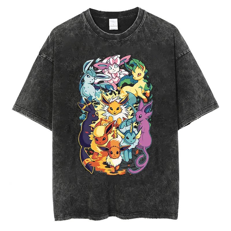 European and American-style Washed Old Vintage Short-sleeved T-shirt Anime Ghost Stone Pokémon American-style High Street Top 9 Vintage Black