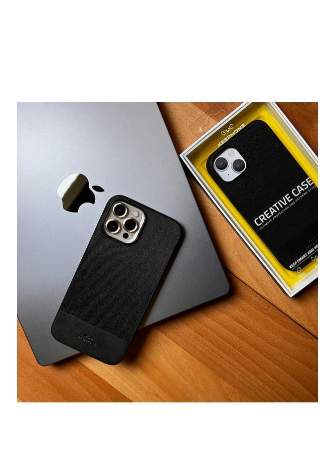 KeepHone Leather & Canvas Case for iPhone 15 Pro Max Black Color 