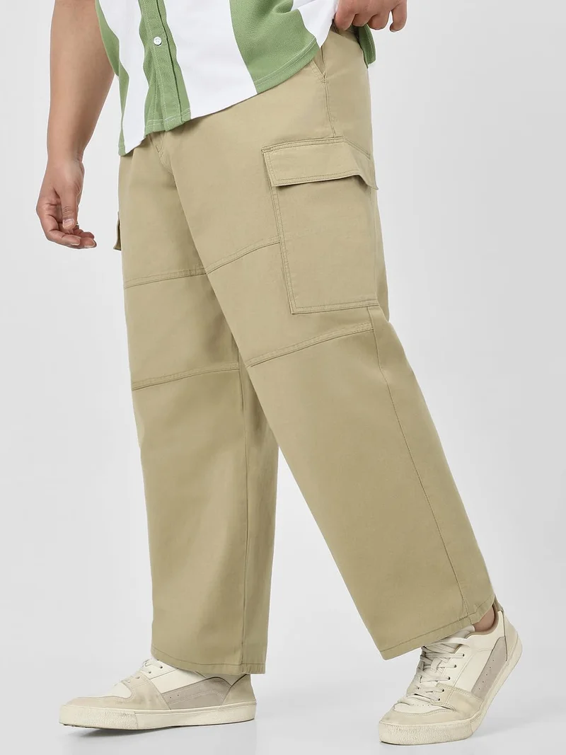 Urbano Plus Men's Light Olive Loose Baggy Fit Solid Cargo Chino Trouser Pant with 6 Pockets Non-Stretchable
