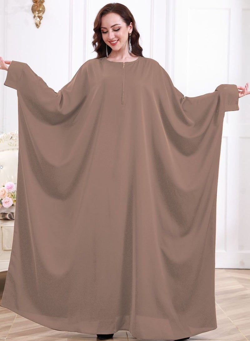 إسكدنيا Women's Casual Solid Color Long Sleeves Abaya Full Length Batwing Sleeves Dress Liturgical Clothes Muslim Khaki 
