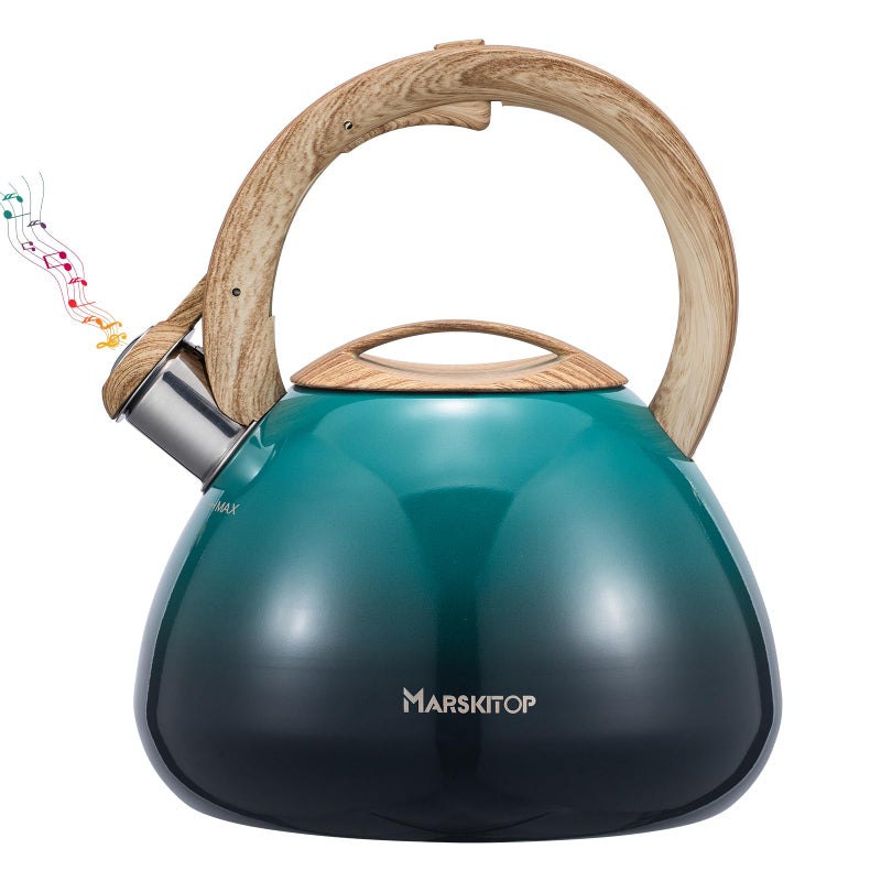 MARSKITOP Whistling Tea Kettle for Stove Top 26 Quart Food Grade Stainless Steel Teapot for Stovetop with Cool Touch Ergonomic Handle Tea Pot for Stove Induction Cooktop Green