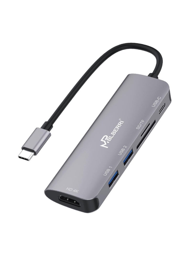 MPBLBERRI 6-in-1 USB-C Multiport Hub with 4K HDMI, USB 3.0, SD/TF Card Reader & PD Charging – Type-C Docking Station Adapter for MacBook, Laptop, Tablet & Android Devices