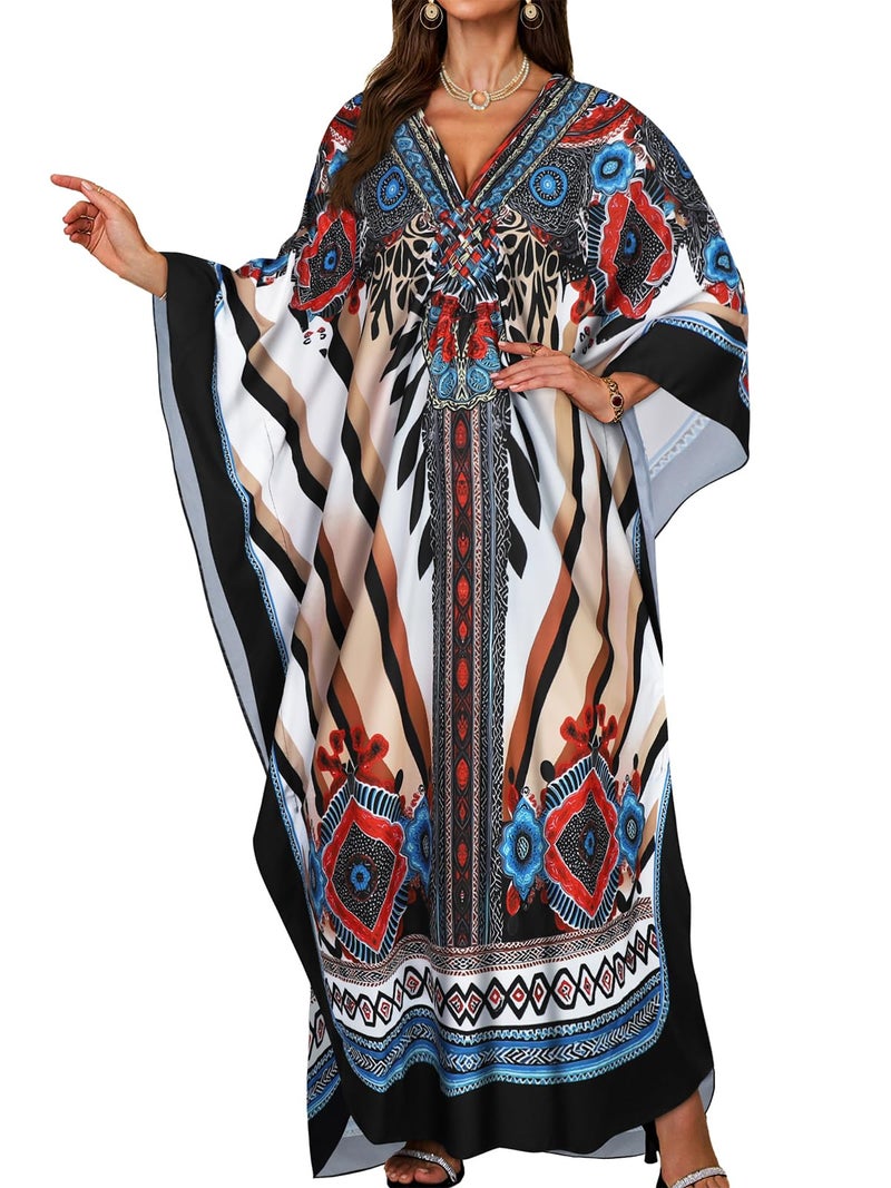 JILUVIN Kaftan Dresses for Women Plus Size V Neck Caftans Long Batwing Sleeve Beach Cover Ups Summer Floral Print Dress (Black Red Flower,One Size)