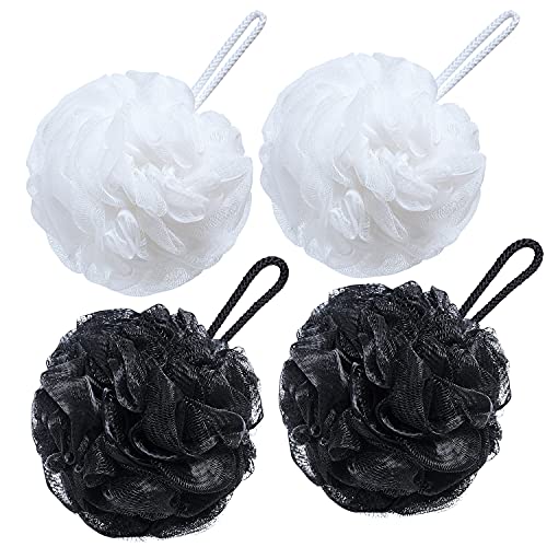 VANZAVANZU Bath Loofah Large 80g Shower Sponge Body Scrubber Mesh Pouf for Men and Women, Set of 4 (Black + White) - Image 1