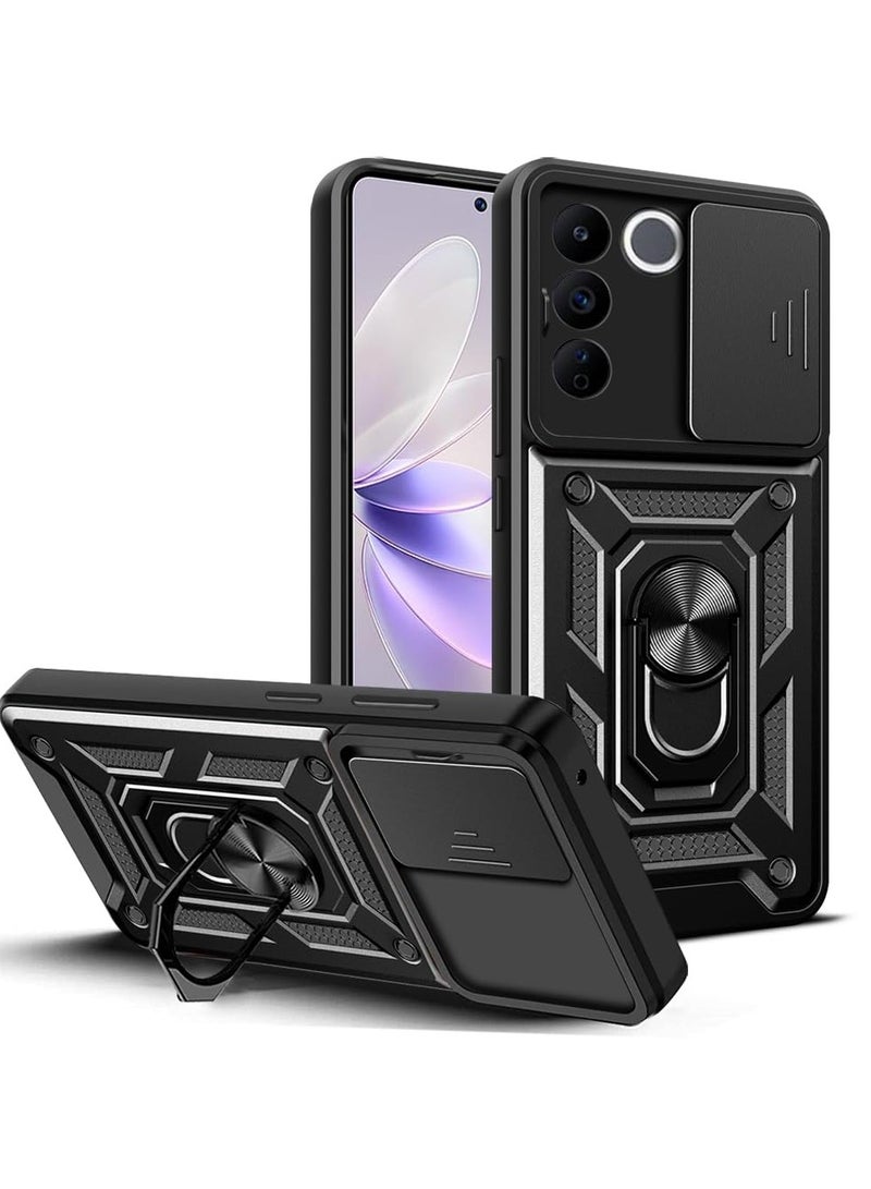جراب حمايه ويندو مقاوم للصدمات وحمايه للكاميرا مزود بدبله معدنيه متوافق مع Vivo V27 (اسود) - Image 1