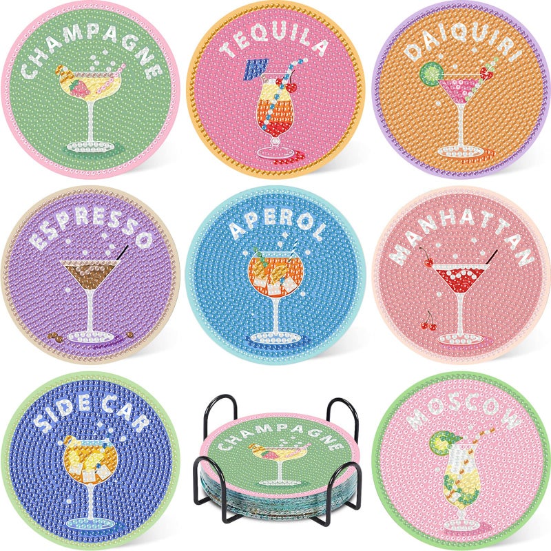 hkejoi 8 Pcs Cocktail Diamond Art Coasters Kit for Adults, Cocktail Diamond Painting Coasters with Holder, 5D Gem Art DIY Crafts Diamond Dots for Gift Life - Image 1