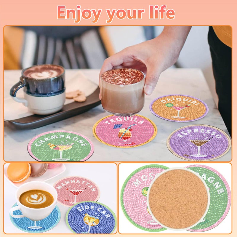 hkejoi 8 Pcs Cocktail Diamond Art Coasters Kit for Adults, Cocktail Diamond Painting Coasters with Holder, 5D Gem Art DIY Crafts Diamond Dots for Gift Life - Image 4
