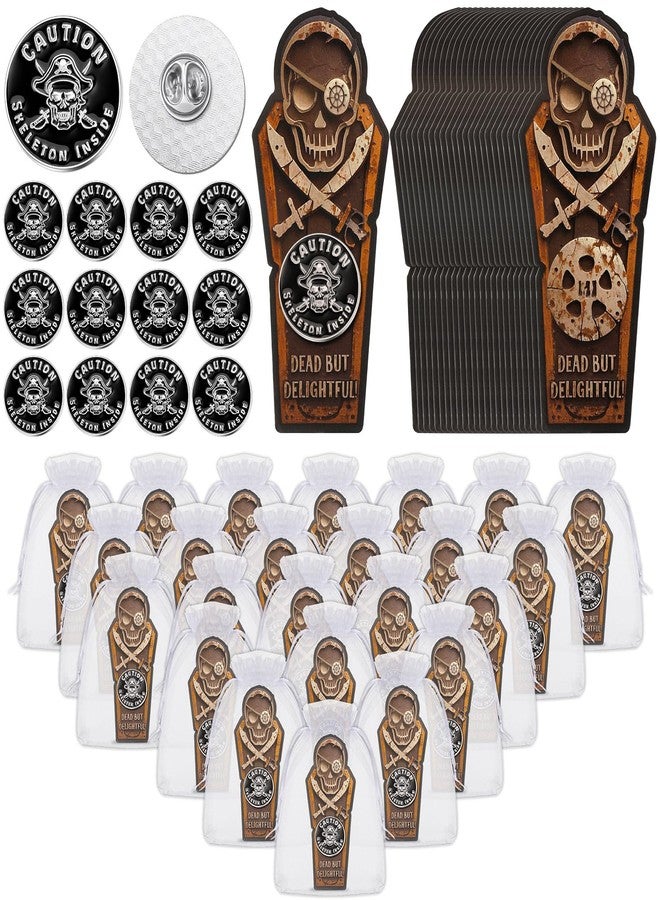 تونديامو مجموعة تونديمو المكونة من 24 دبوسًا معدنيًا لحفلات ذات طابع قراصنة، مع بطاقات وأكياس من الأورجانزا، ودبابيس بروش على شكل جمجمة عتيقة، ودبابيس طية صدر السترة على شكل هيكل عظمي، مناسبة لحفلات أعياد الميلاد والهالوين ذات الطابع القرصاني. - Image 1