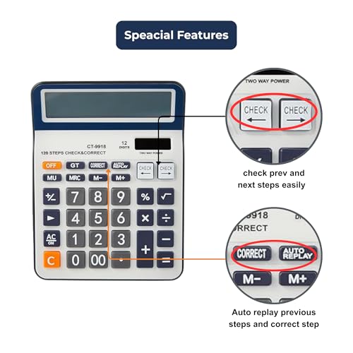 Jukusa 12-Digit Desktop Calculator with 120 Steps Check & Correct | Large LCD Display, Big Buttons, Dual Solar & Battery Power | Durable Business Office Calculator for Home, School (White) - Image 2