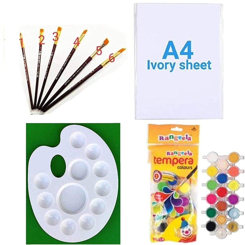 FIRST CLICK" Art 12 Wells 301 Palette + Pidilite Rangeela Water Color 18 Shades + Set of Flat Brushes + A4 Drawing Ivory Paper 210 GSM 25 Sheets - Image 1