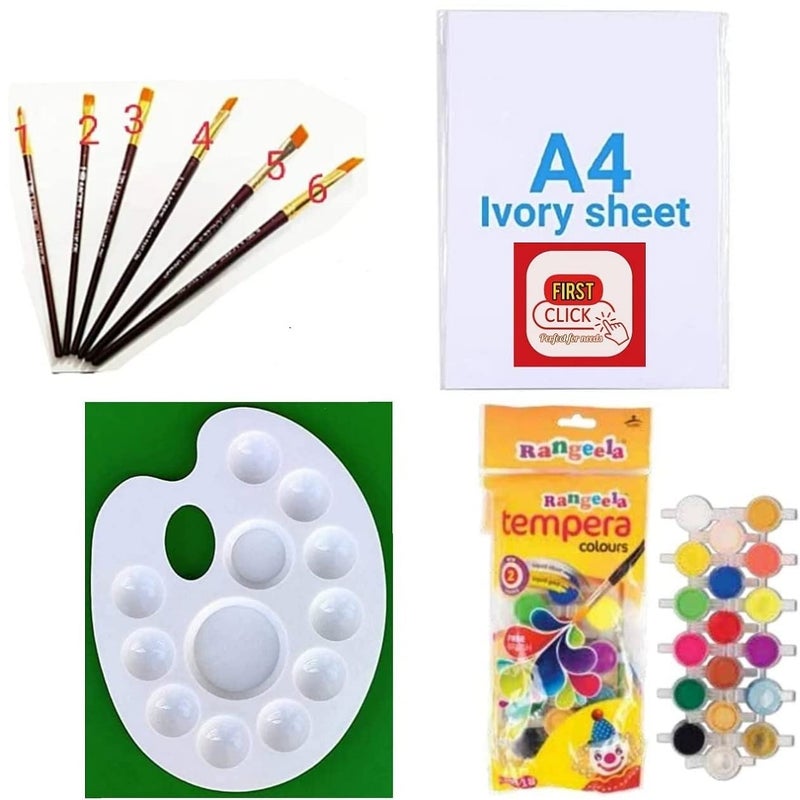 FIRST CLICK" Art 12 Wells 301 Palette + Pidilite Rangeela Water Color 18 Shades + Set of Flat Brushes + A4 Drawing Ivory Paper 210 GSM 25 Sheets - Image 2