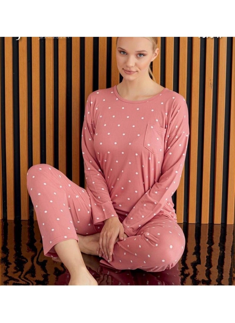 Bie's Women's Patterned Crew Neck Bamboo Long Sleeve Viscose Seasonal Pajama Set with Chest Pocket  - Image 1