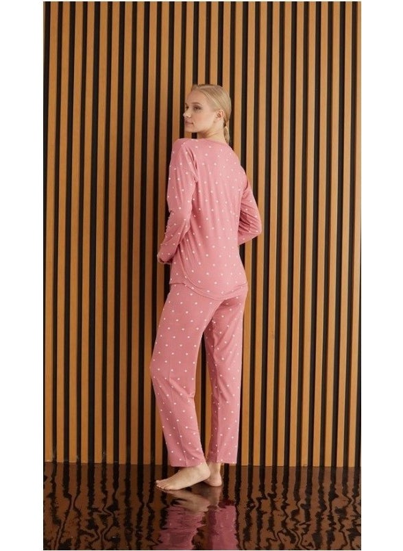 Bie's Women's Patterned Crew Neck Bamboo Long Sleeve Viscose Seasonal Pajama Set with Chest Pocket  - Image 3