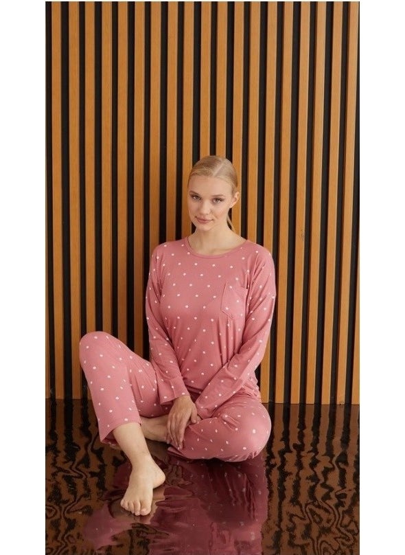 Bie's Women's Patterned Crew Neck Bamboo Long Sleeve Viscose Seasonal Pajama Set with Chest Pocket  - Image 2