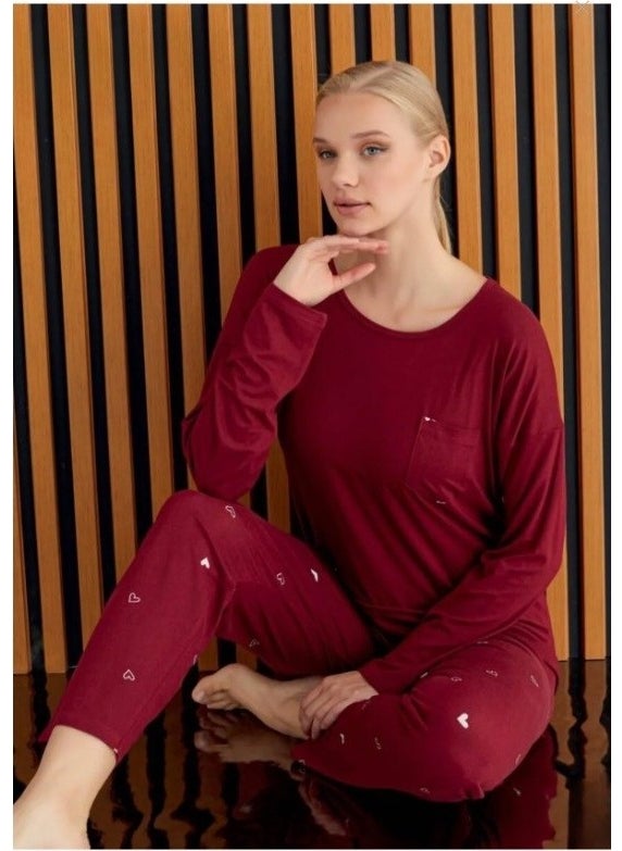 Bie's Women's Patterned Crew Neck Bamboo Long Sleeve Viscose Seasonal Pajama Set with Chest Pocket  - Image 5