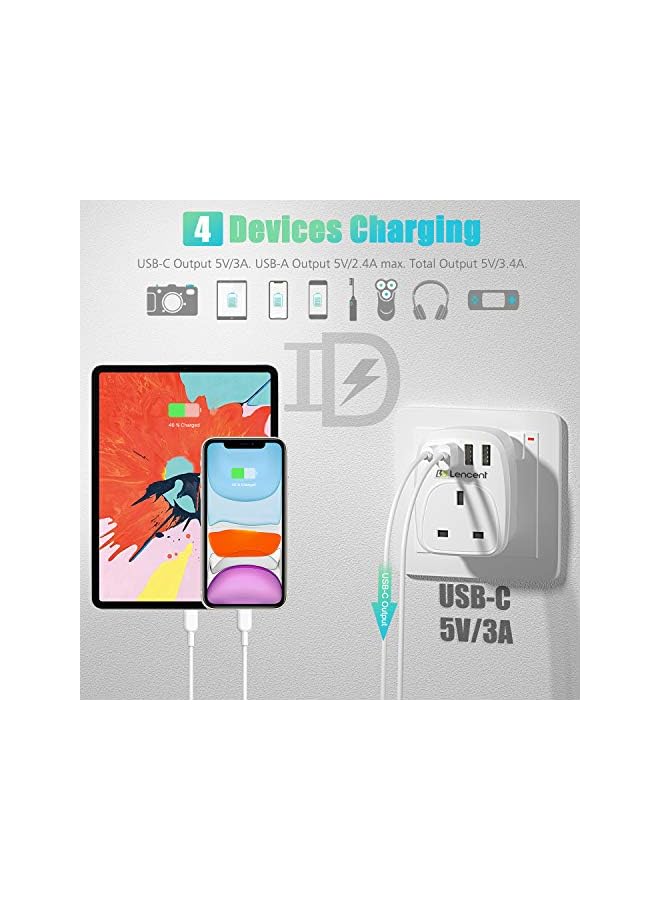 Lencent USB Plug Charger UK with 1 Type C and 3 USB Ports, 1 Way Socket Extension, 5-in-1 USB Outlet Plug Extender for Household Appliances, iPhone, Smartphone Tablets, Ideal for Home Office Bedroom - Image 2