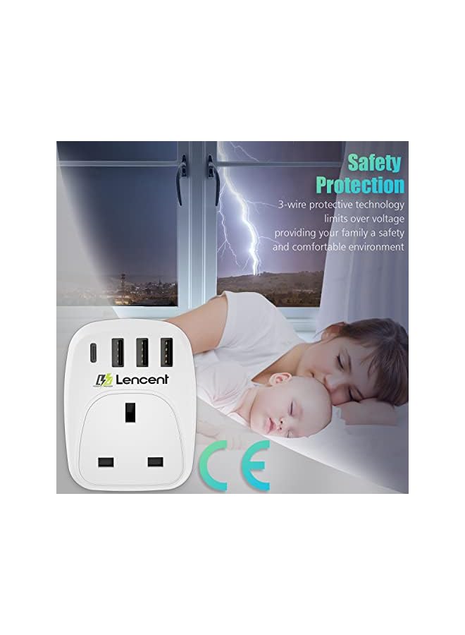 Lencent USB Plug Charger UK with 1 Type C and 3 USB Ports, 1 Way Socket Extension, 5-in-1 USB Outlet Plug Extender for Household Appliances, iPhone, Smartphone Tablets, Ideal for Home Office Bedroom - Image 3