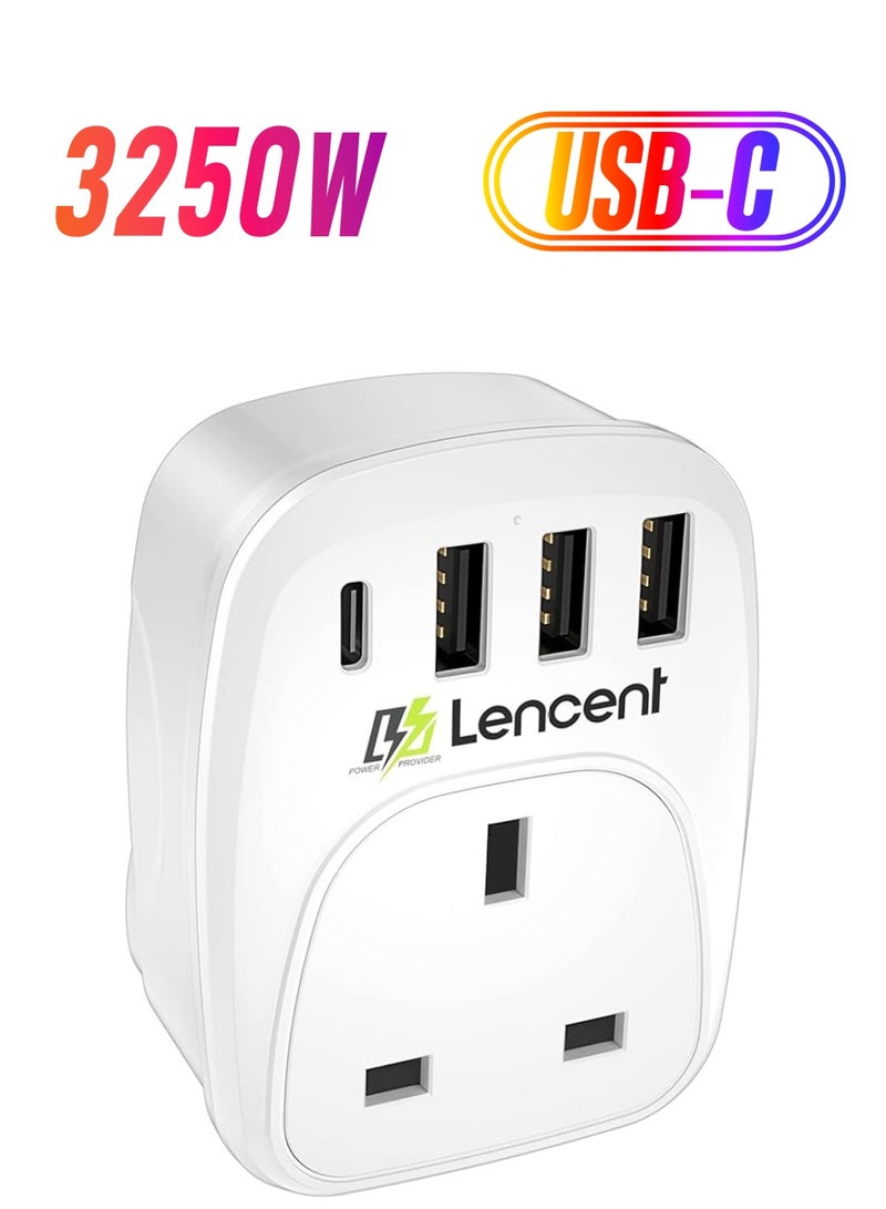 Lencent USB Plug Charger UK with 1 Type C and 3 USB Ports, 1 Way Socket Extension, 5-in-1 USB Outlet Plug Extender for Household Appliances, iPhone, Smartphone Tablets, Ideal for Home Office Bedroom - Image 1