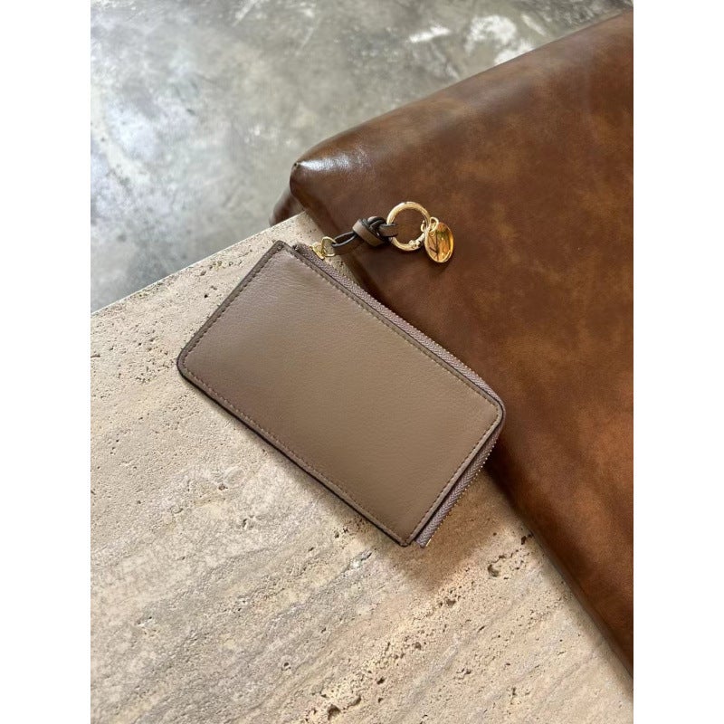 Top Layer Cowhide Card Bag Womens Niche Genuine Leather Ultra-thin Card Bag New Fashion Zipper Small Coin Purse Card Holder Camel
