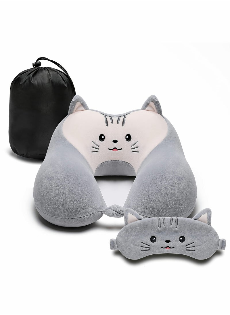 SYOSI - Travel Pillow for Kids and Adults, Cute Animal Memory Foam Neck Pillow with Soft Fleece Cover and Eye Mask Set, Airplane Pillow Travel Kit with Drawstring Organizer Bag, Machine Washable (Kitten) - Image 1
