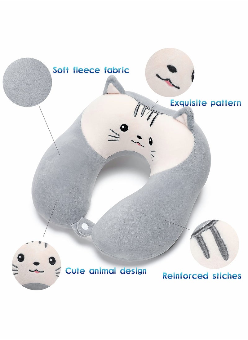 SYOSI - Travel Pillow for Kids and Adults, Cute Animal Memory Foam Neck Pillow with Soft Fleece Cover and Eye Mask Set, Airplane Pillow Travel Kit with Drawstring Organizer Bag, Machine Washable (Kitten) - Image 1
