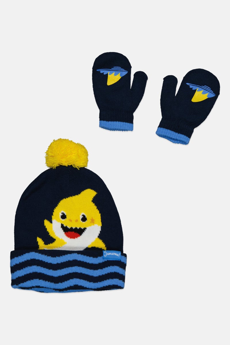 Pinkfong Toddlers Boy Baby Shark 2 Pcs Beanie And Gloves Set, Navy - Image 1
