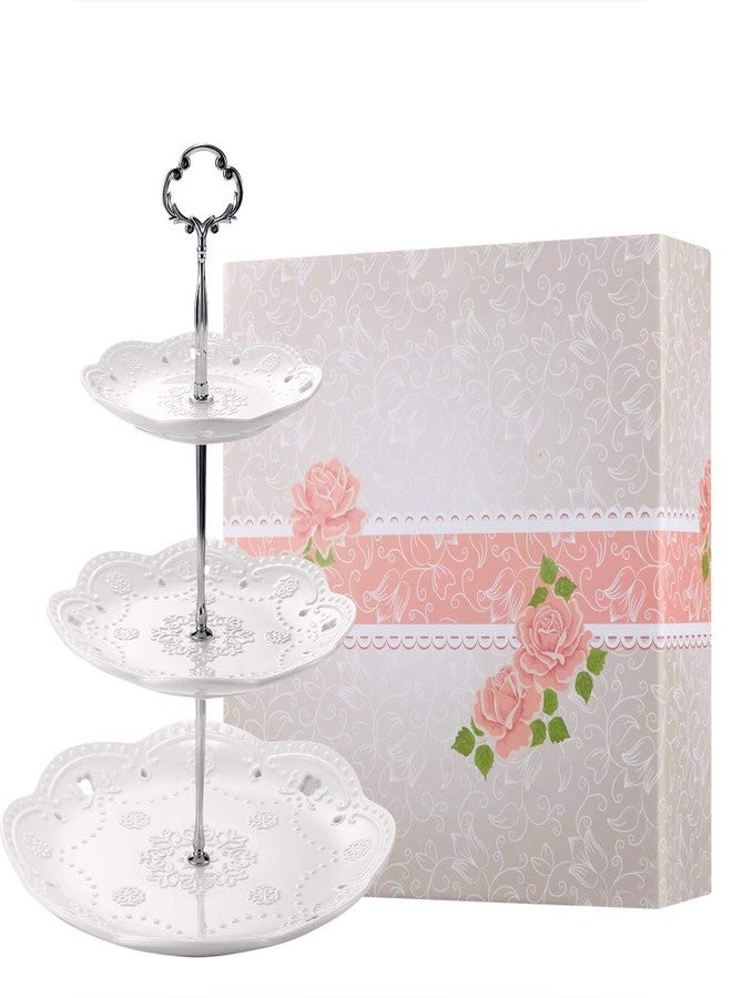 BonNoces 3-Tier Porcelain Cupcake Stand Serving Tray - White Embossed Elegant Dessert Cake Stand - Pastry Serving Stand for Tea Party, Wedding and Birthday - Image 1