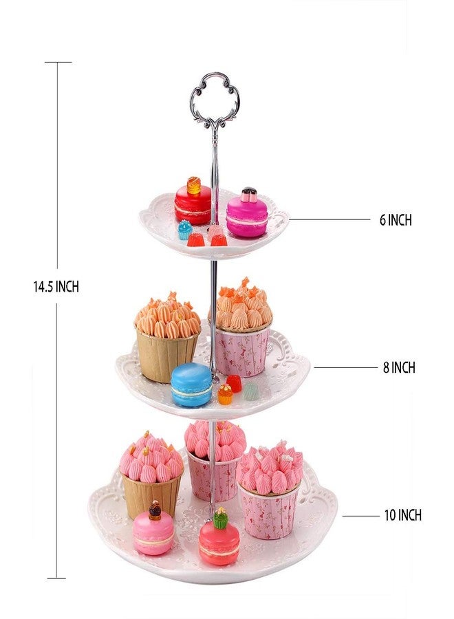 BonNoces 3-Tier Porcelain Cupcake Stand Serving Tray - White Embossed Elegant Dessert Cake Stand - Pastry Serving Stand for Tea Party, Wedding and Birthday - Image 2