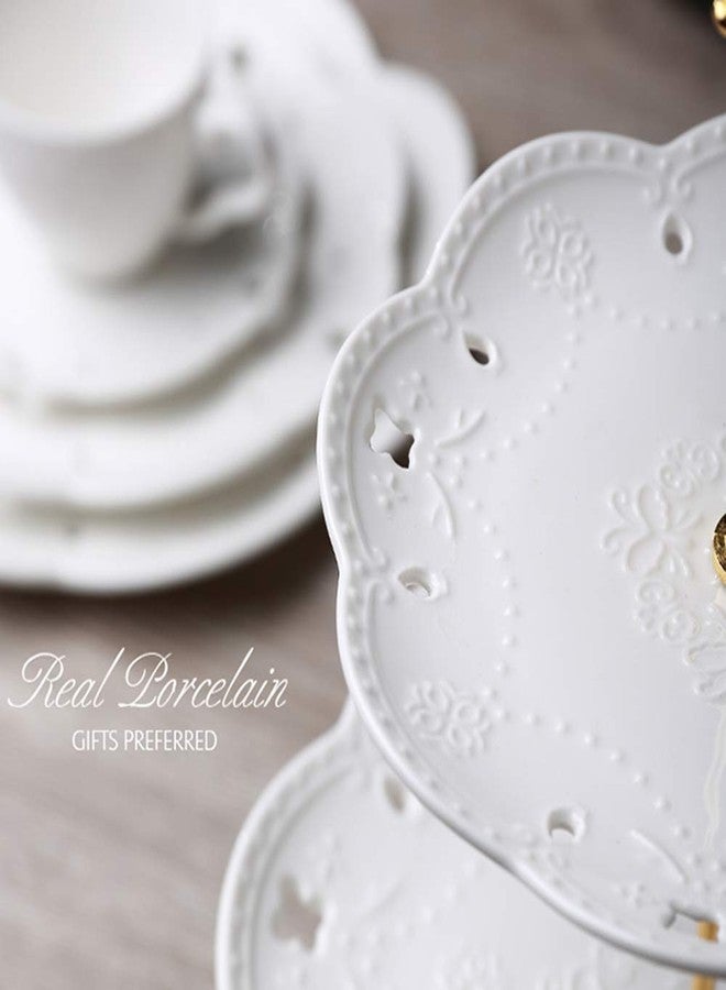 BonNoces 3-Tier Porcelain Cupcake Stand Serving Tray - White Embossed Elegant Dessert Cake Stand - Pastry Serving Stand for Tea Party, Wedding and Birthday - Image 3