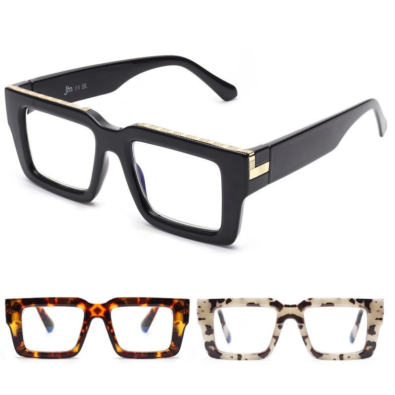 JM 3 Pack Oprah Style Reading Glasses for Women Men with Spring Hinge Fashion Oversized Square Blue Light Blocking Readers 15