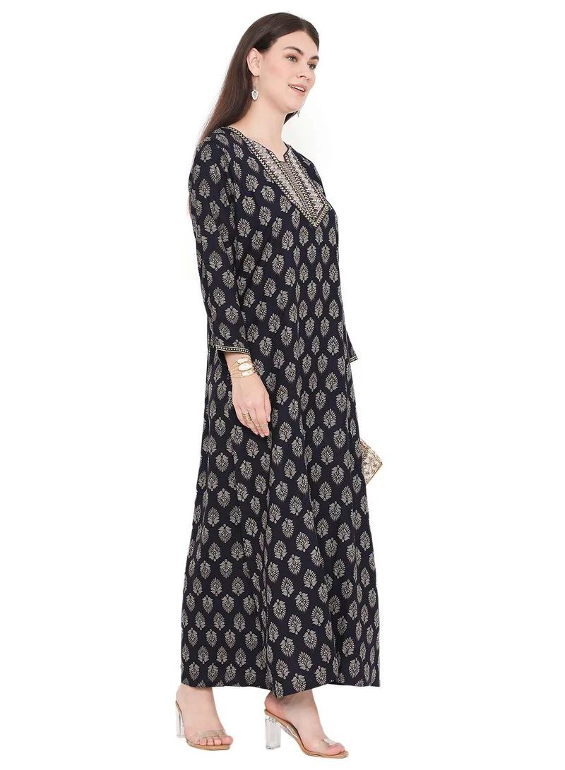 HANA & SARA CASUAL FARASHA KAFTAN DRESS WITH UNIQUE PRINT AND THREAD EMBROIDERY FOR WOMEN