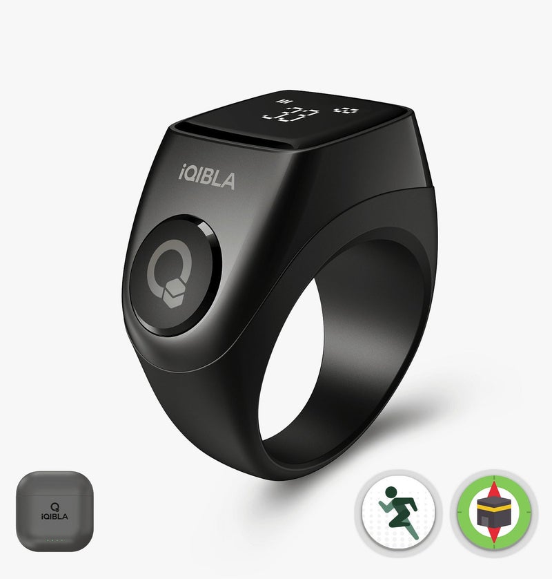 iQibla Zikr Ring Jood 3 Smart Tasbih Counter Ring Aluminum  With 3 Compatible Sizes & Charging Case, Bluetooth 5.3 Digital Tasbeeh Counter, Aluminum Smart Ring, Qibla Direction, Prayer Reminder, Step & Calorie Tracker, IPX5 Waterproof, iQibla Life App Black - Image 2