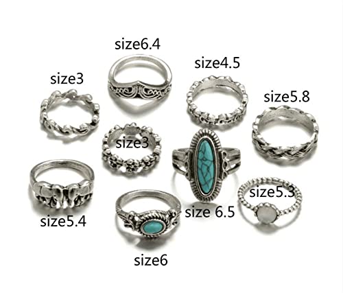 Sither Cathercing 9 Pcs Turquoise Ring Set for Women Knuckle Vintage Rings Pack for Women Bohemian Rings Silver Joint Knot Rings Set Halloween Party Daily Gift (style 3) - Image 5