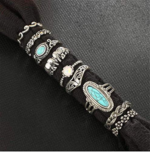 Sither Cathercing 9 Pcs Turquoise Ring Set for Women Knuckle Vintage Rings Pack for Women Bohemian Rings Silver Joint Knot Rings Set Halloween Party Daily Gift (style 3) - Image 4