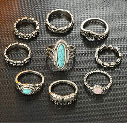 Sither Cathercing 9 Pcs Turquoise Ring Set for Women Knuckle Vintage Rings Pack for Women Bohemian Rings Silver Joint Knot Rings Set Halloween Party Daily Gift (style 3) - Image 3