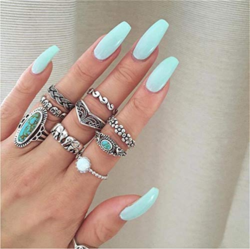 Sither Cathercing 9 Pcs Turquoise Ring Set for Women Knuckle Vintage Rings Pack for Women Bohemian Rings Silver Joint Knot Rings Set Halloween Party Daily Gift (style 3) - Image 2