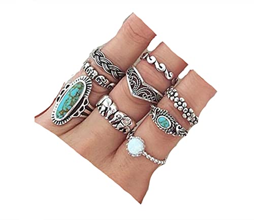 Sither Cathercing 9 Pcs Turquoise Ring Set for Women Knuckle Vintage Rings Pack for Women Bohemian Rings Silver Joint Knot Rings Set Halloween Party Daily Gift (style 3) - Image 1