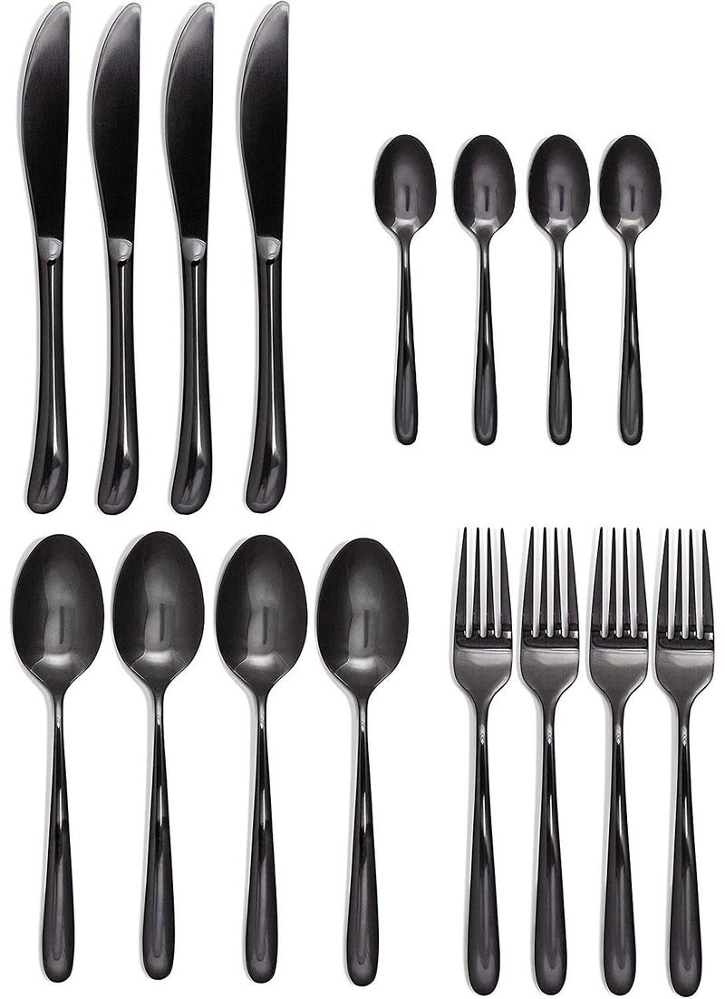 ZEPOLI Black Stainless Steel Utensils Spoon Include Tea SpoonKnifeForkSpoon Mirror Polished Dishwasher Safe Tableware for Home Kitchen Hotel 16 Pack - Image 1