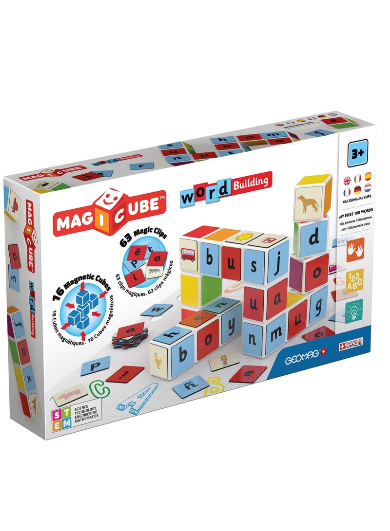 GEOMAG Geomag Magicube Word Building + Clips, Magnetic STEM Toys For Kids, Early Educational Magnetic Building Toys, 79 PCS, Made in Switzerland, 100% Recycled Plastic, Open Ended Toys, Construction Toys - Image 1