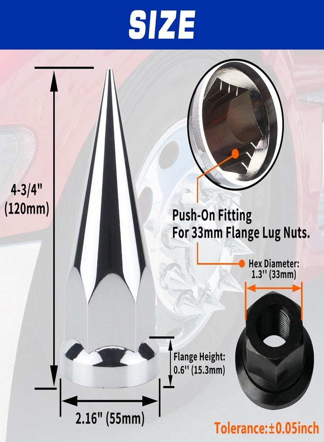 GREPSPUD 33mm x 4 3/4" Chromed Spike Lug Nuts Covers Push On, Truck Chrome ABS Plastic Pointed Spiked Push-on Lug Nut Cover for Semi Trucks, Pack of 20 - Image 2