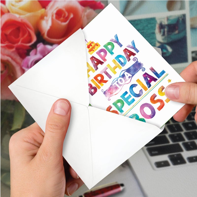 NobleWorks - Funny Happy Birthday to Best Boss Note Card with Envelope (4.63 x 6.75 Inch) - Watercolor Bday Greeting Card for Women and Men - Bday Celebration Notecard - Special Boss C9582BDG - Image 4